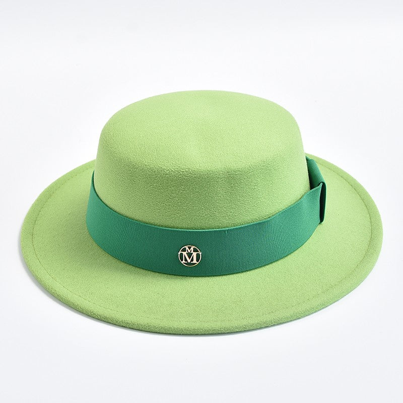 British Style Fedora Hats for Women Fashion Autumn Winter Flat Top Bow Elastic Ribbon Felt Hats Wedding Dress Jazz Cap