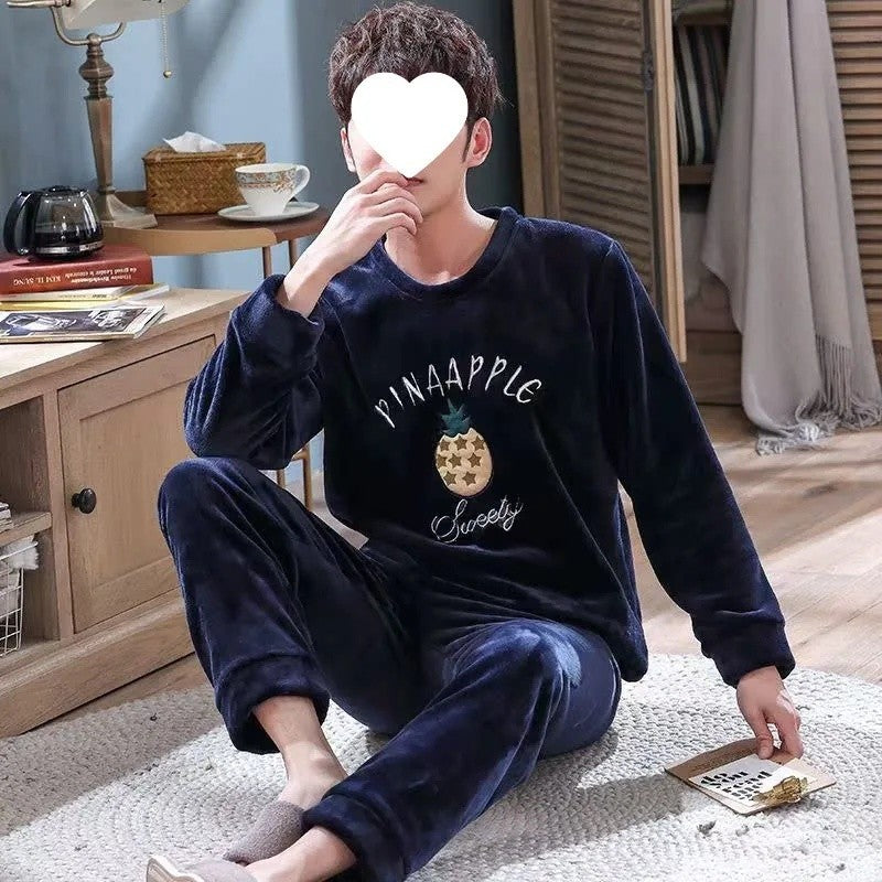 Thickened Flannel Sleepwear Set for Men Winter Home Clothes Coral Fleece Lined Autumn Winter Style Overhead Mens Nightgown