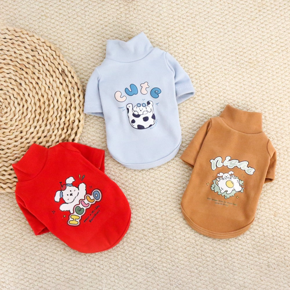 Camisa de base quente com gola alta de pelúcia para animais de estimação, moletom grosso de desenho animado para outono e inverno, roupas para cães para atividades ao ar livre