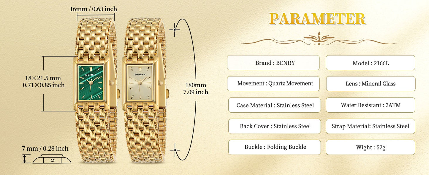 BERNY Gold Watch for Women Square Ladies Quartz Wristwatches Stainless Steel Women Small Gold Watch Luxury Casual Fashion Watch