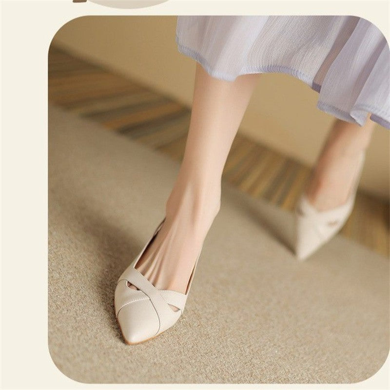 New Summer Fashion Comfortable Casual Wear-resistant Shallow Mouth Pointed Toe Toe Hollow Back High Heels Sheepskin Sandals