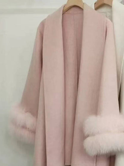 UCXQ Casaco Feminino Elegante OL para Escritório com Retalhos de Pelo Manga Comprida Lã Jaqueta de Roupa Feminina Bonita Outono Inverno 2025