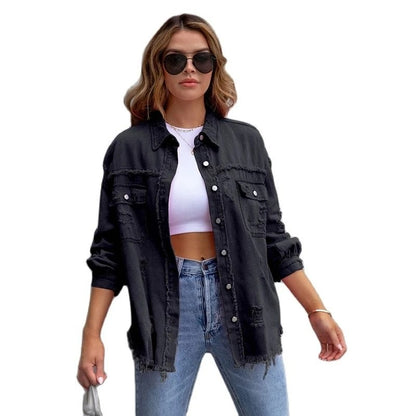 2025 Holes Raw-edges Denim Jacket Women Spring Autumn Shirt Style Jeancoat Casual Top Rose-Red Orange Purple Outerwear Lady Coat