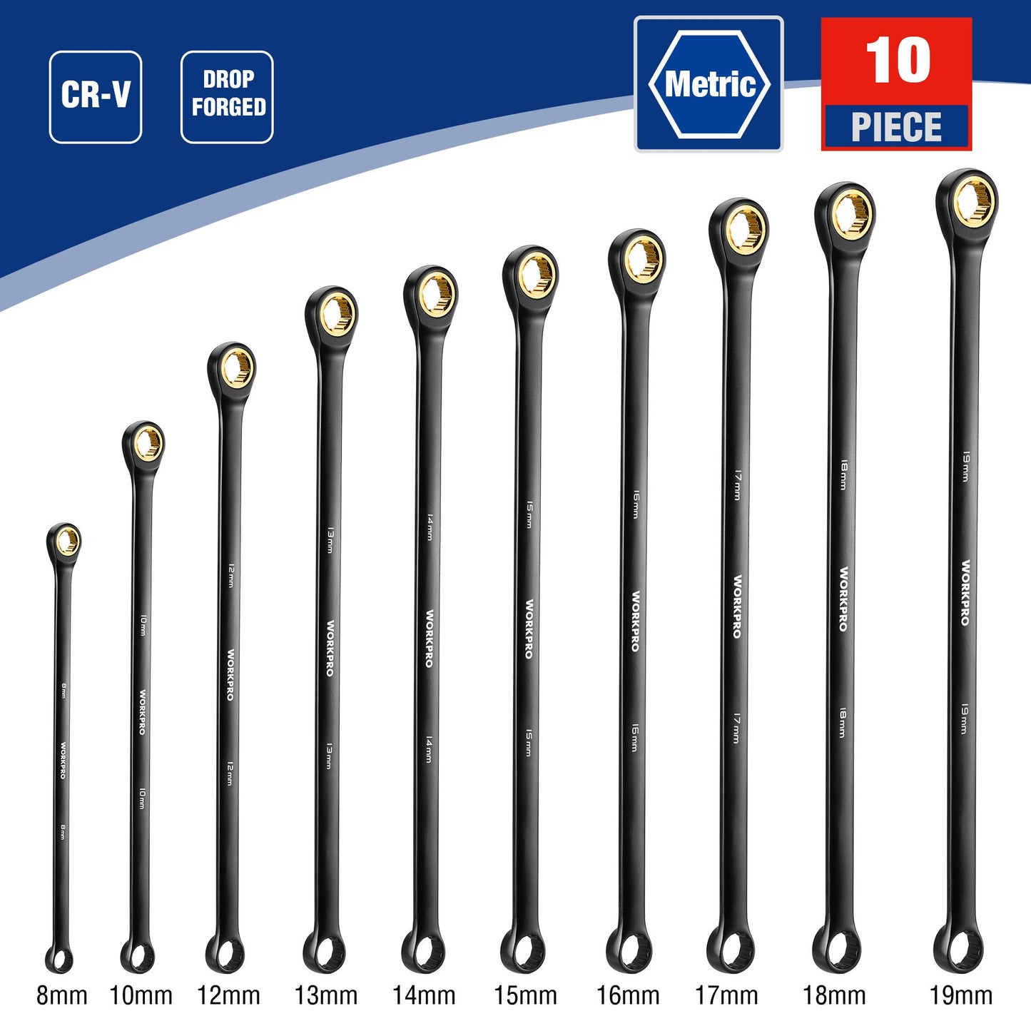Conjunto de Chaves Catraca Extra Longas WORKPRO 10 Peças, 72 Dentes, Métricas 8-19 mm, Aço Cr-V e Revestimento Eletroforético Preto