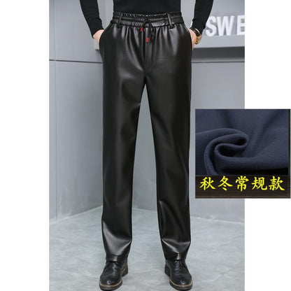 Men's Loose High-Waisted Fce-Lined Thiened Motorcycle Leather Pants Windproof Waterproof Busin Casual Long Trousers