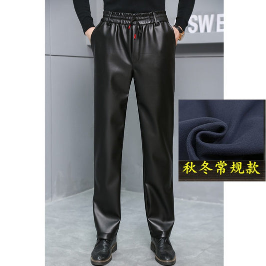 Men's Loose High-Waisted Fce-Lined Thiened Motorcycle Leather Pants Windproof Waterproof Busin Casual Long Trousers