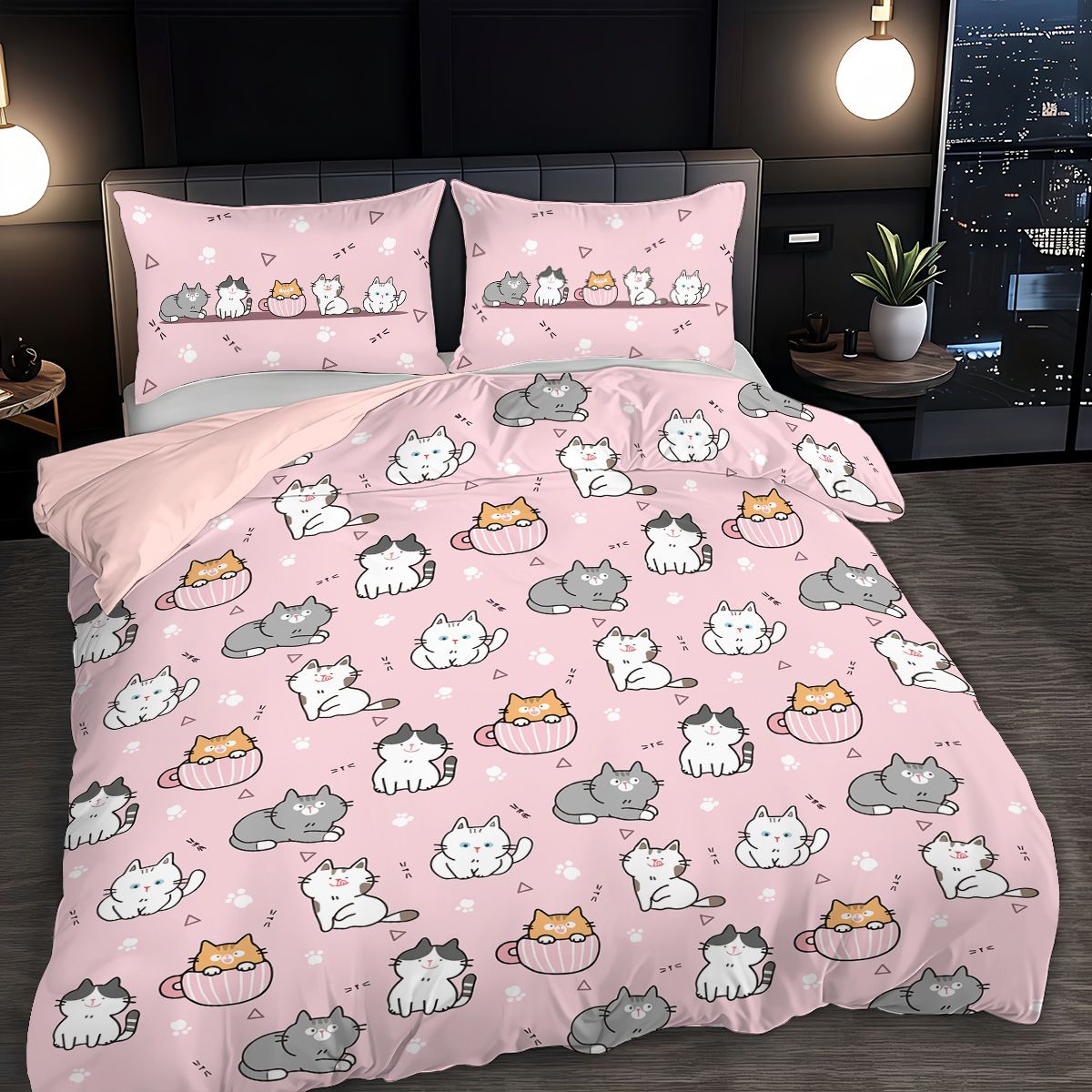 3pcs (1 duvet cover, 2 pillowcases, coreless), pink cute cartoon cat element printed bedding set, soft and comfortable