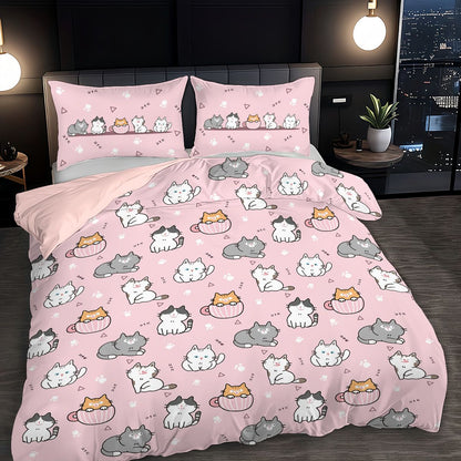 3pcs (1 duvet cover, 2 pillowcases, coreless), pink cute cartoon cat element printed bedding set, soft and comfortable