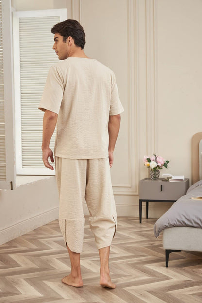 Summer Cotton Linen Shirt Set Men's Casual Outdoor 2-Piece Suit Andhome Clothes Pajamas Comfy Breathable Beach Short Sleeve Sets