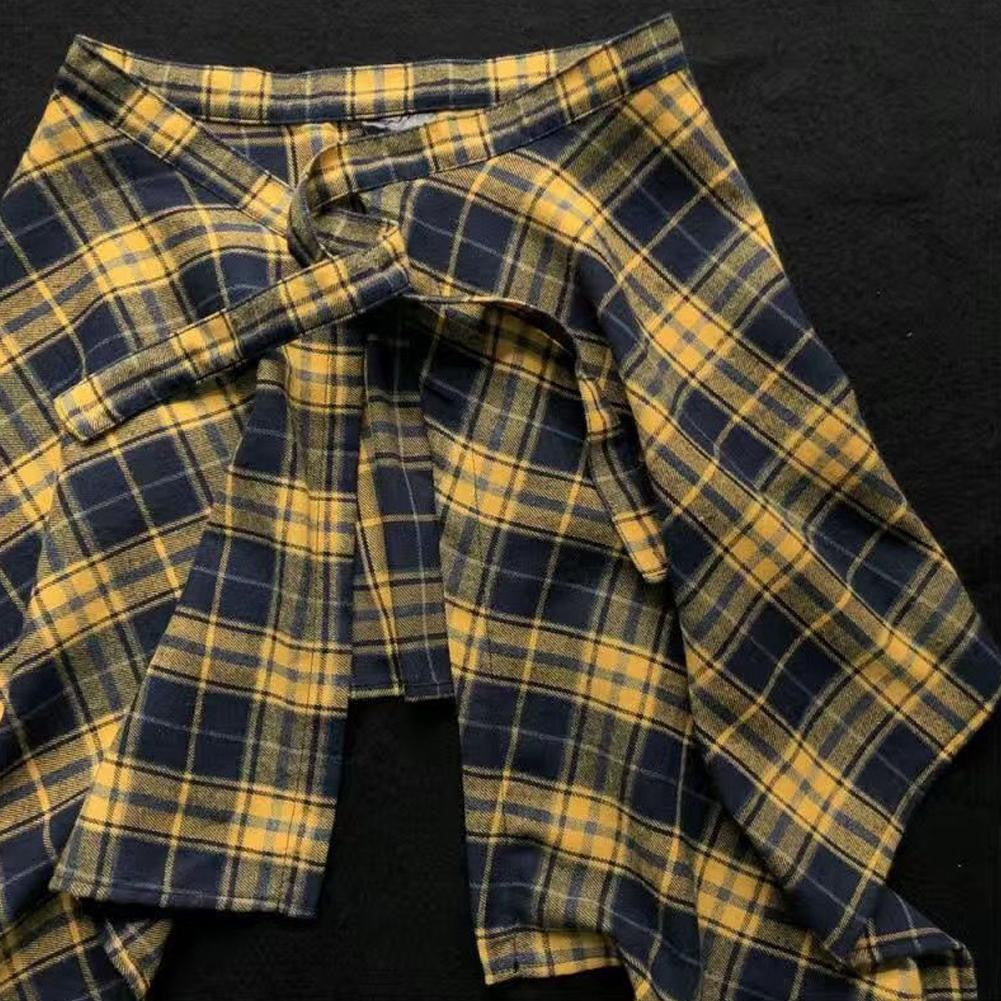 Hip Hop Irregular Men And Women Fake Shirt Hem Plaid Skirt  Y2k Streetwear Harajuku Vintage Sports Street Women Fart Curtain