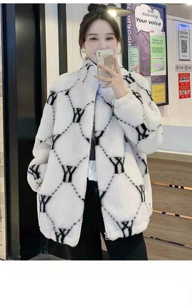 Ladies Thickened Cotton Lamb Fur Jacket Korean Style Winter Outerwear Loose Versatile Trendy Coat Warm Comfortable Soft Material