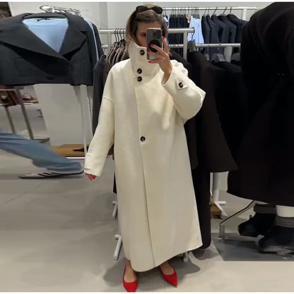 Elegant Stand Collar Long Coat Women Retro Chic Loose Single Breasted White Tweed Coats Lady 2025 Winter Casual Street Overcoats