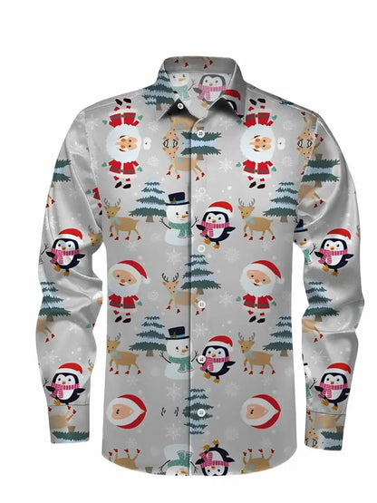 Christmas Men's 3D Printed Formal Shirt Santa Claus Elk Pattern Long Sleeve Shirt Fashion Men's Shirt