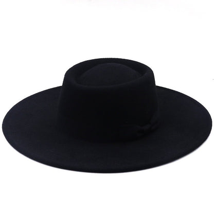 Chapéu Fedora Feminino De Lã Feltro Preto Liso Com Aba Larga De 9,5 Cm E Topo Reto, Com Laço, Vintage, Igreja, Casamento, Panamá