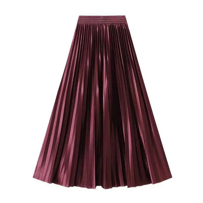 High Waist Satin Pleated Skirt 1 Meter Long Floor Length Pearl Glitter A- Line Umbrella Half Body Skirts Polyester Fiber