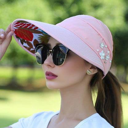 M-2Sun Hat Summer Shade hHt For Women Foldable Sun Protection Beach Large Brimmed Hat UV Protection Cycling Empty Top