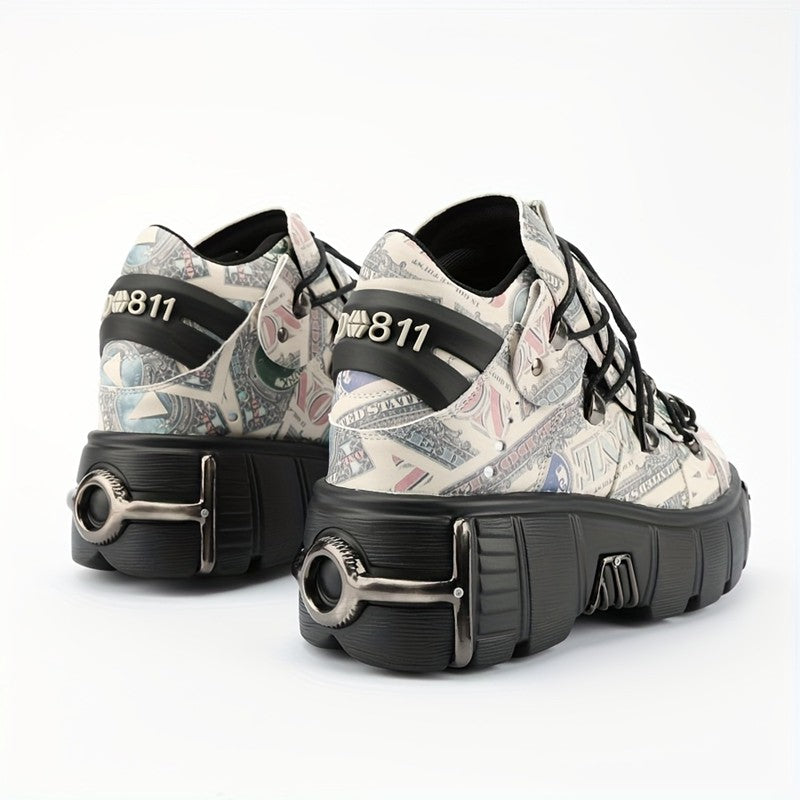 Casual Female Runway Shoes Platform Metal Toe Chunky Sneakers Women Gothic Punk Style Sneakers Rock Design Black Walking Shoes