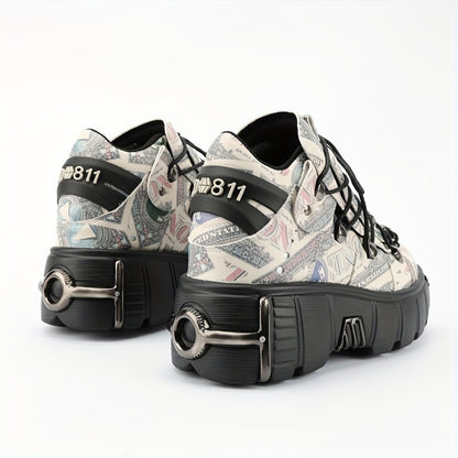 Casual Female Runway Shoes Platform Metal Toe Chunky Sneakers Women Gothic Punk Style Sneakers Rock Design Black Walking Shoes