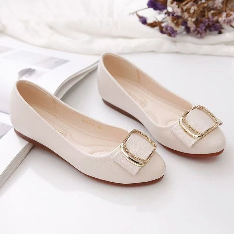 ??2025 Minimalist Square-Buckle Chain Flats Genuine Leather Slip-Resistant Cushioned Mom Loafers