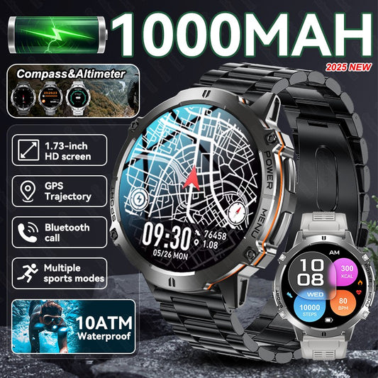 Novo relógio inteligente masculino com bateria de 1000mAh para uso externo, GPS, bússola, altímetro, à prova d'água 10ATM, frequência cardíaca, chamada BT, relógio inteligente esportivo para homem