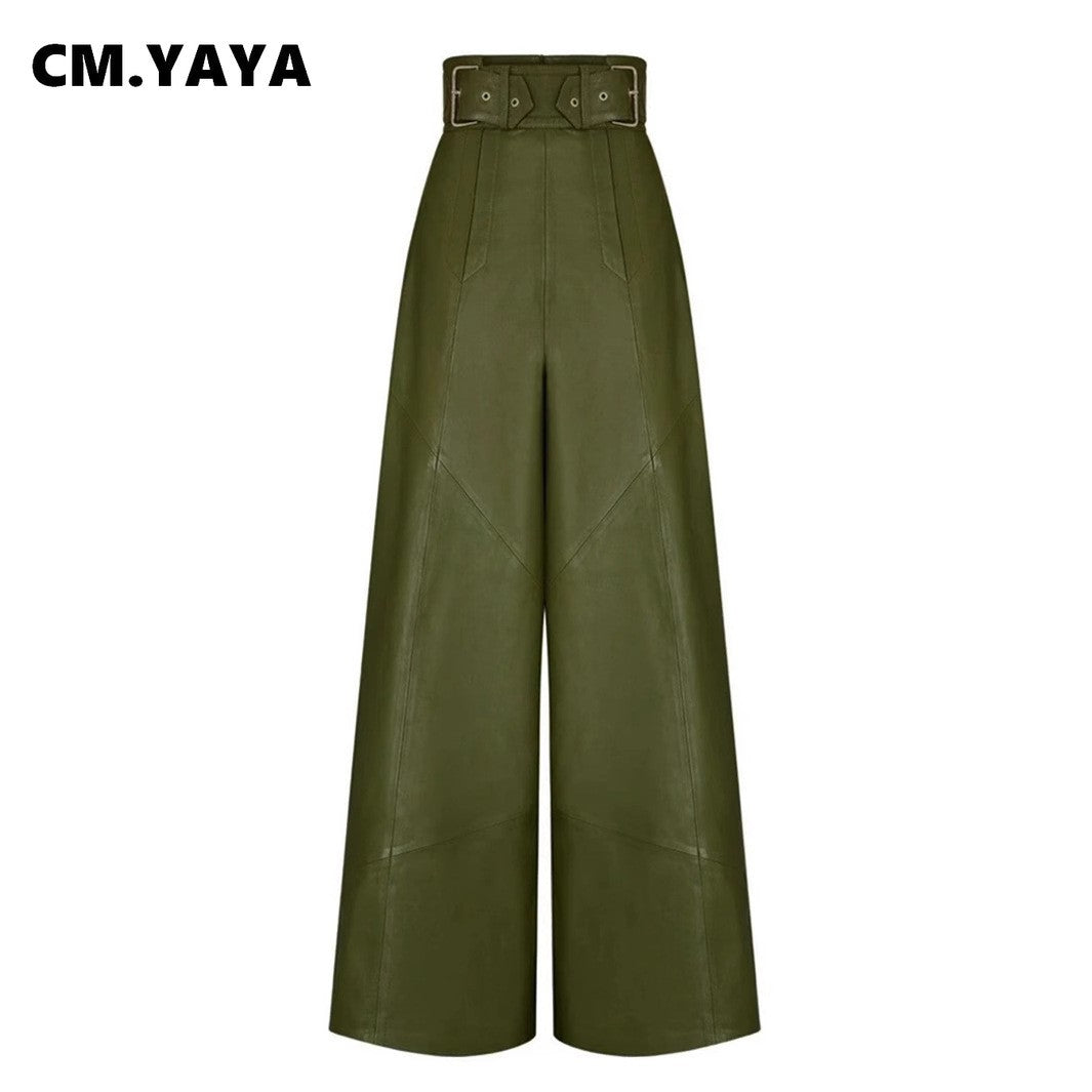 CM.YAYA Women Fashion Faux Leather High Waist Wide Leg Loose Pants Sashes Zipper 2025 Spring Party Casual Street PU Trousers