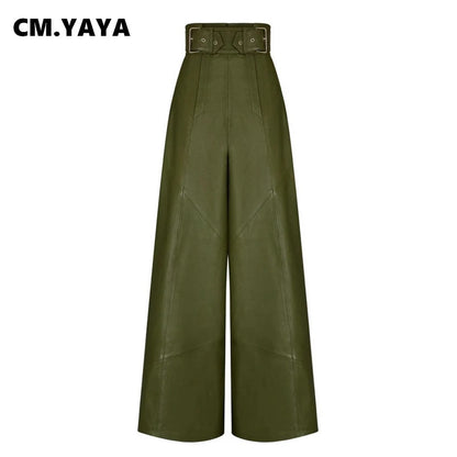 CM.YAYA Women Fashion Faux Leather High Waist Wide Leg Loose Pants Sashes Zipper 2025 Spring Party Casual Street PU Trousers