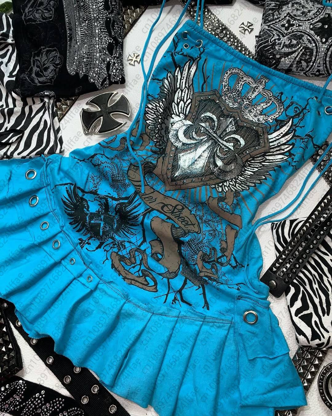 Aesthetic Y2k girl suspenders Top Y2k Clothes blue Gothic bow Slimming Bottom for Women dress Sexy Girls high street character