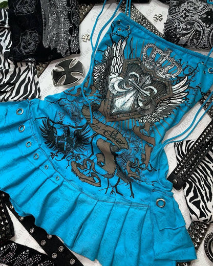 Aesthetic Y2k girl suspenders Top Y2k Clothes blue Gothic bow Slimming Bottom for Women dress Sexy Girls high street character