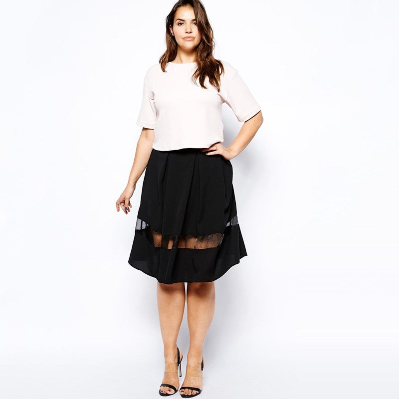 Plus Size Elastic Waist Summer Elegant A-line Skirt Women Mesh Panel Formal Pleated Midi Skirt Large Size Casual Flare Skirt 6XL