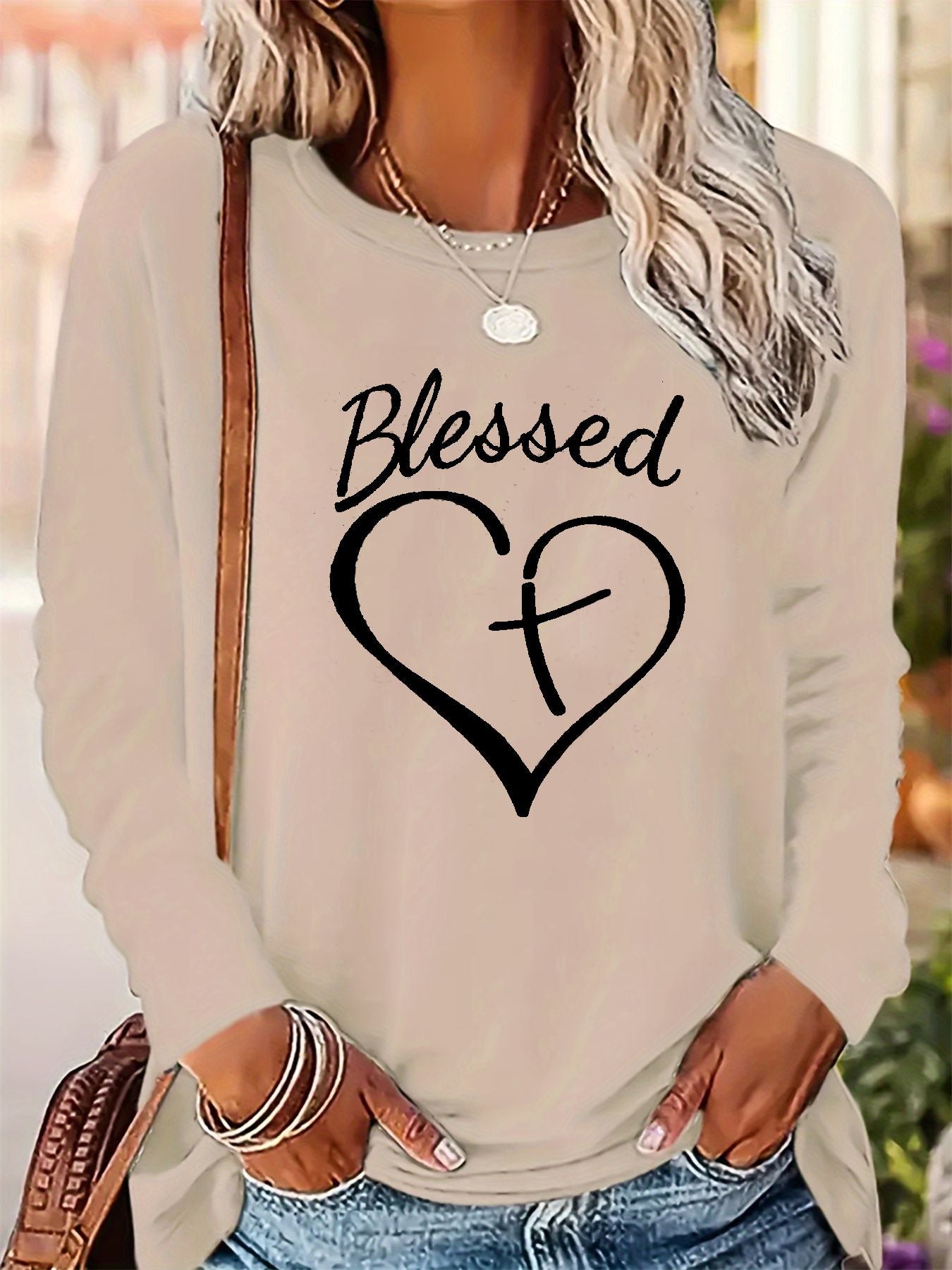 Women's autumn and winter 100% pure cotton fashionable casual loose Blessed heart-shaped printed round neck long sleeved T-shirt