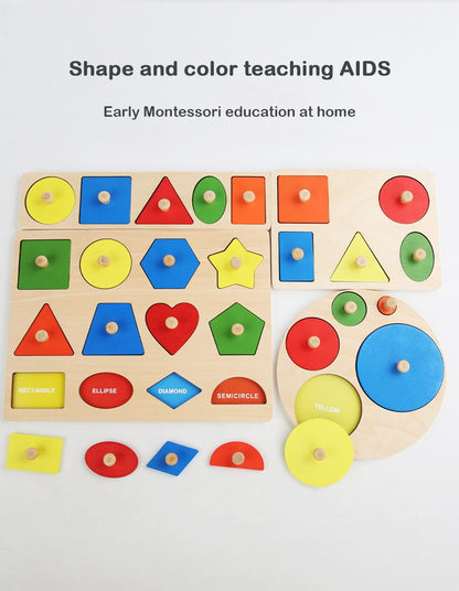 Brinquedos de quebra-cabeça Montessori para bebês de madeira, de encaixe de formas e cores, tábua de raspar à mão, brinquedos cognitivos geométricos de educação infantil