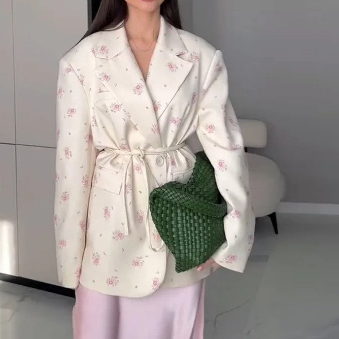 Women's 2025 Spring/Summer New Fashion Printed Loose Suit Collar Belted Waist - cinching Suit Jacket