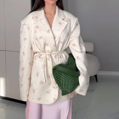 Women's 2025 Spring/Summer New Fashion Printed Loose Suit Collar Belted Waist - cinching Suit Jacket