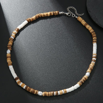 Colar Masculino Artesanal de Contas de Madeira e Argila Colar Fashion Vintage Africano de Contas Brancas para Homens Colar de Surfista de Praia Joias Tribais