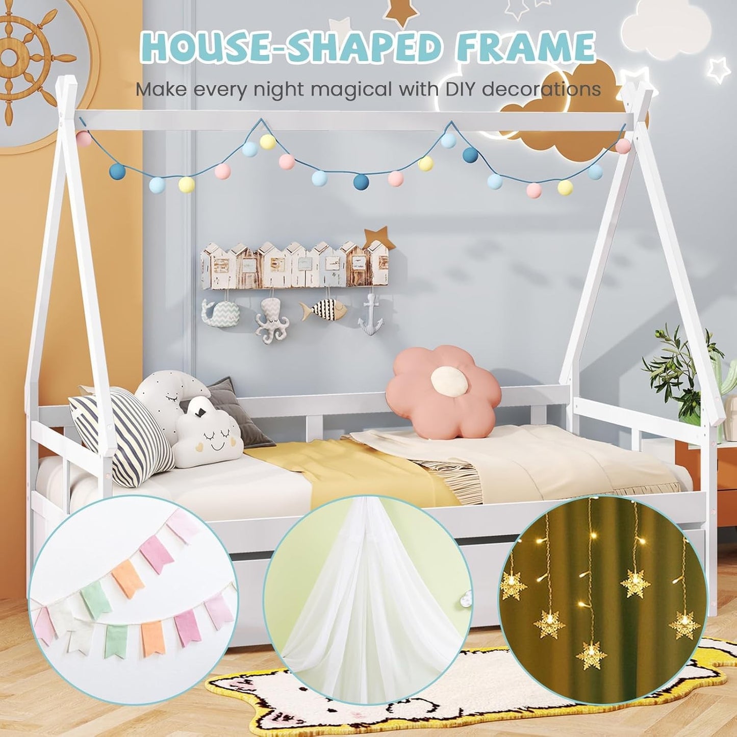 Cama de Casal com Cama Auxiliar, Estrutura de Cama Montessoriana de Madeira em Forma de Tenda com Grade de Segurança, Camas Teepee Baixas com Suporte de Ripas de Madeira