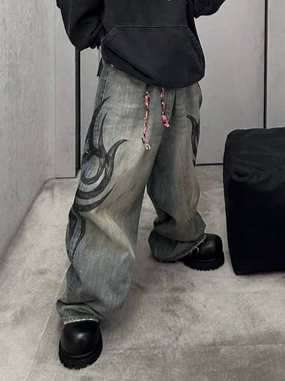 MIJKO New Retro Dragon Pattern Totem Print Bamboo Baggy Drawstring Washed Jeans For Men Women Denim Pants ZJ083