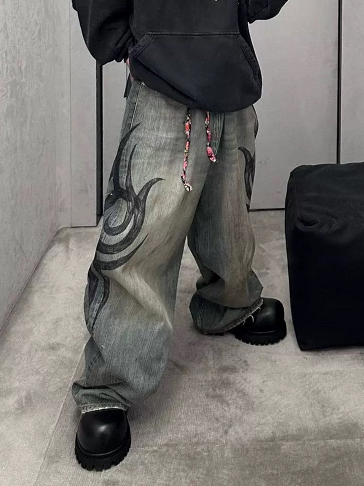 MIJKO New Retro Dragon Pattern Totem Print Bamboo Baggy Drawstring Washed Jeans For Men Women Denim Pants ZJ083