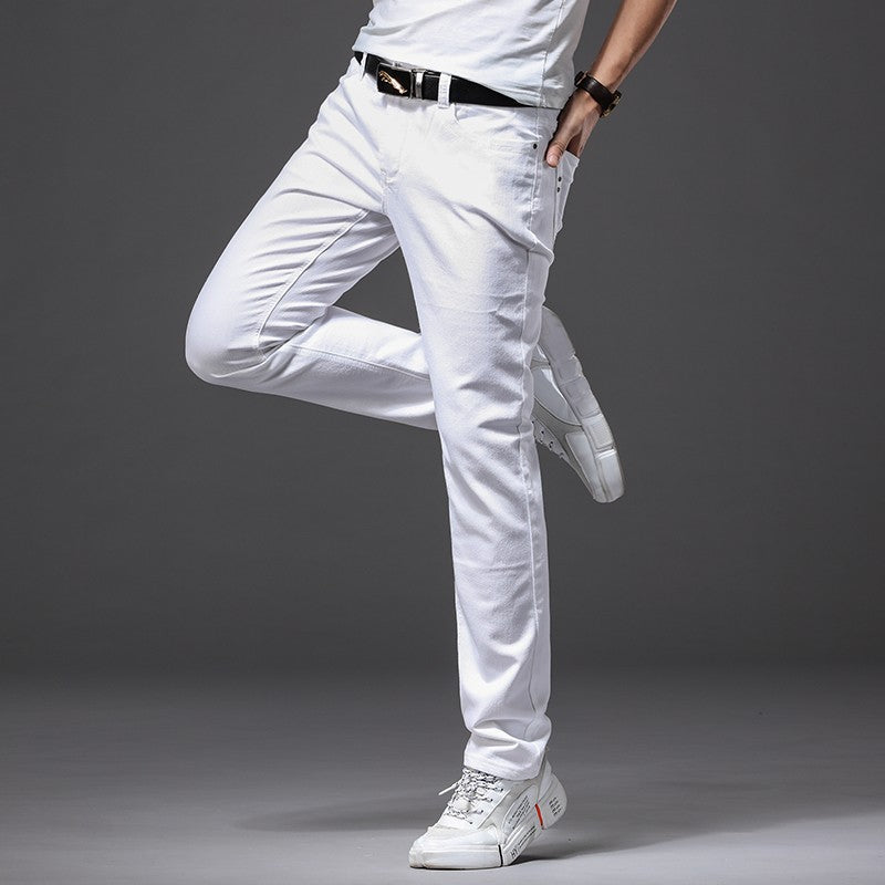 Calça Jeans Masculina Branca Casual Clássica Slim Fit Macia Marca Masculina Avançada Stretch