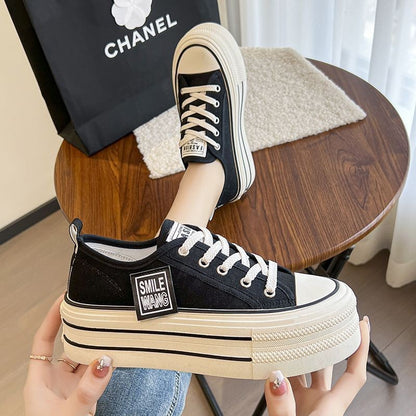 2024 New Women's Black Platform Canvas Sneakers Lace-up Comfortable Shoes Fashion Outdoor Multi-functional Sports Canvas Shoes