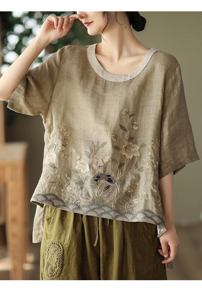 Cotton Linen Embroidered Floral Blouses Women's Chinese Classic Loose Shirt Top Casual Retro O Neck Short Sleeve Summer Shirts