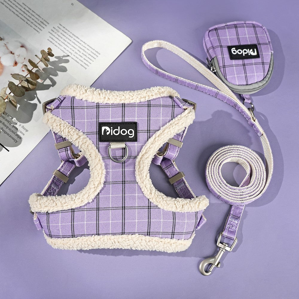 Conjunto de Coleira e Peitoral Respirável para Cães Peitoral de Pele para Cães Quente de Inverno Colete Corda para Passeio de Animais com Saco de Lixo para Cães Pequenos e Médios