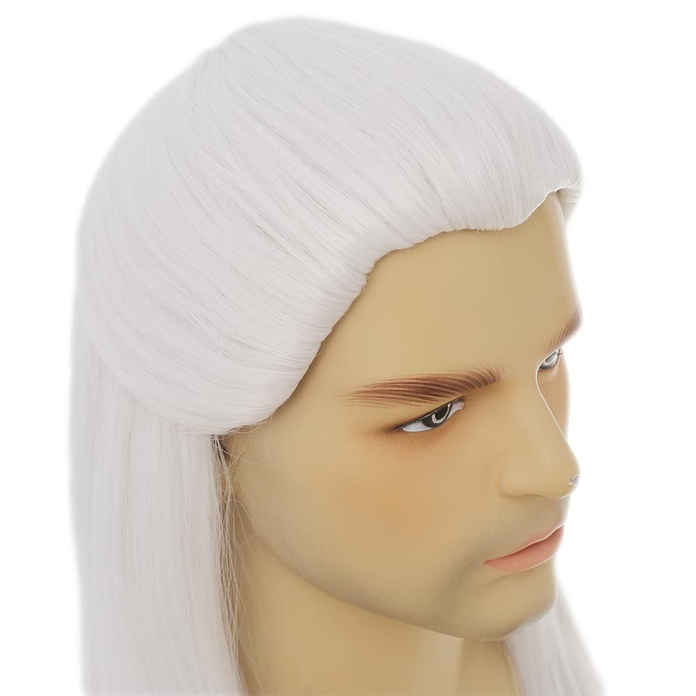 Geralt of Rivia Cosplay Wig White Slivery Straight Synthetic Hair Wigs for Men Party Novel Game Costume Halloween