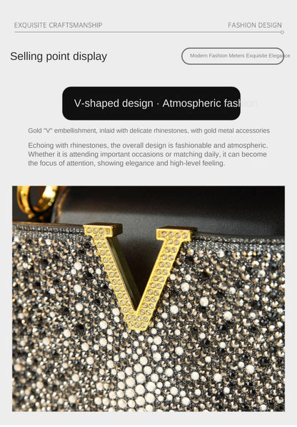 Luxury Fashion Diamonds Women's Handbags 2025 New V Letter Small Shoulder Crossbody Bag Genuine Leather Messenger Shell Bags