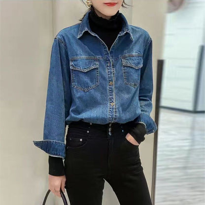Korean Women Long Sleeve Jeans Shirt With Bottom Tops Coat Retro Style Female Spring Loose Cowboy Cardigan Blouse Denim  Jacket