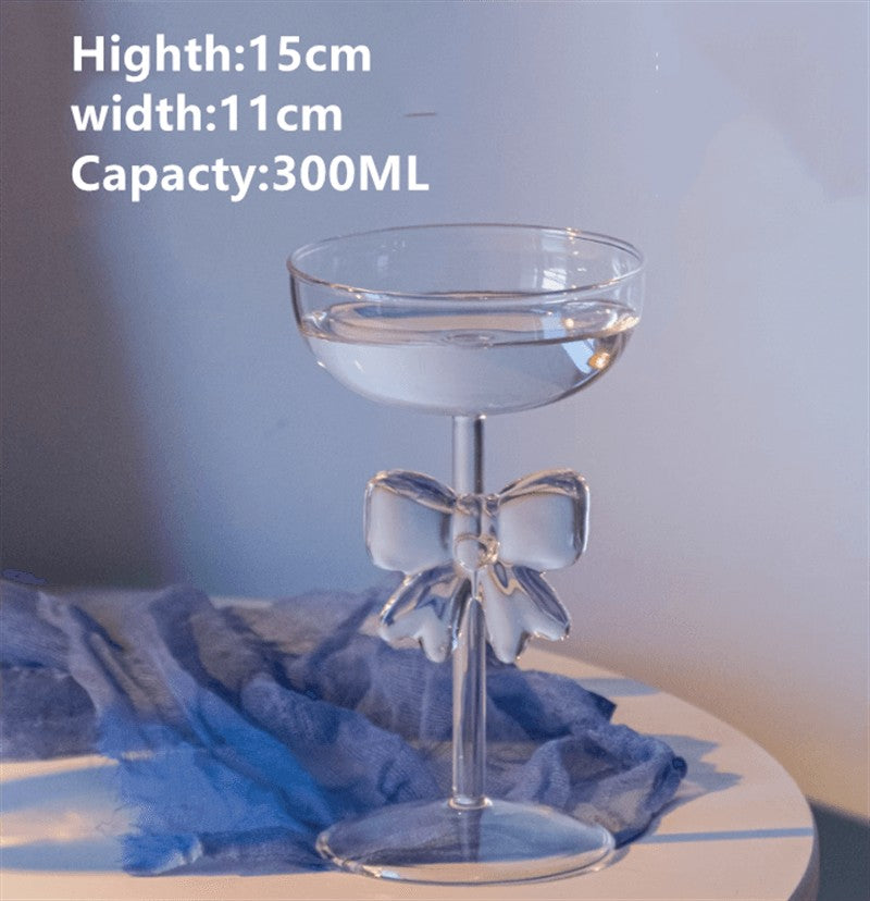 Taça Decorativa de Vidro com Laço Grande Rosa Copo de Vidro Taça de Vinho com Alça de Laço Copos Resistentes ao Calor Tigela de Sobremesa e Sorvete de Alto Borossilicato