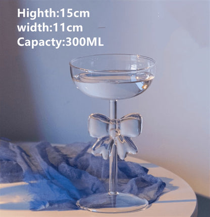 Taça Decorativa de Vidro com Laço Grande Rosa Copo de Vidro Taça de Vinho com Alça de Laço Copos Resistentes ao Calor Tigela de Sobremesa e Sorvete de Alto Borossilicato