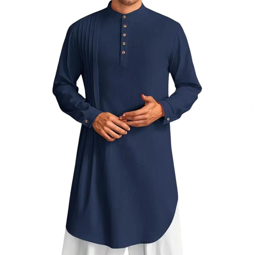 Men's Cotton Linen Kaftan Robe – Long Sleeve Button-Up Thobe for Prayer, Casual & Arabic Style | Breathable & Comfortable