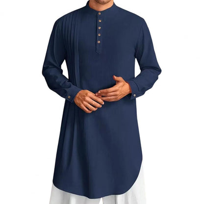 Men's Cotton Linen Kaftan Robe – Long Sleeve Button-Up Thobe for Prayer, Casual & Arabic Style | Breathable & Comfortable