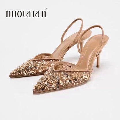 Fashion High Heeled Formal Party Shoes for Lady Luxury Sequin Pearl Stiletto Elengat Mesh Slingbacks Women Modern Sandals