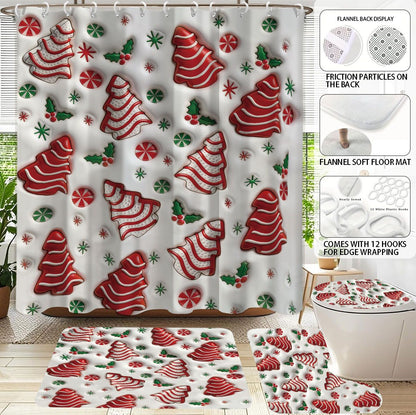 4pcs Christmas colored candy printed bathroom set 180x180 waterproof shower curtain, floor mat, toilet seat mat, U-shaped mat